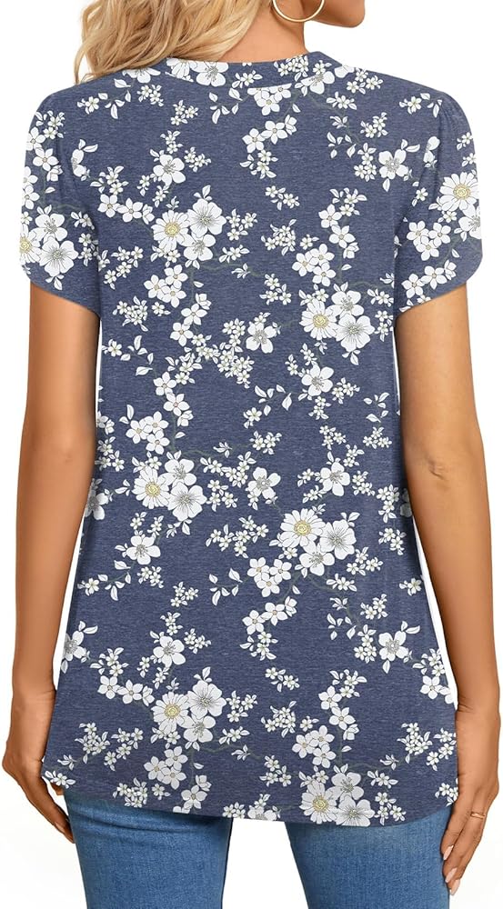 2025 Women's Summer Henley V-Neck Button Up Tunic Top Petal Sleeve Comfy Blouse Casual T-Shirt Sizes M-3XL