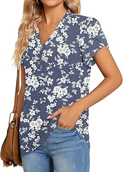 2025 Women's Summer Henley V-Neck Button Up Tunic Top Petal Sleeve Comfy Blouse Casual T-Shirt Sizes M-3XL