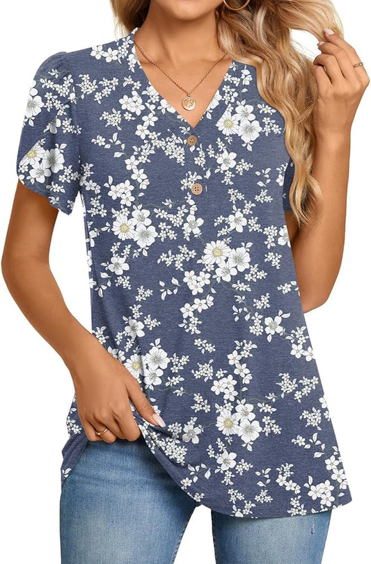 2025 Women's Summer Henley V-Neck Button Up Tunic Top Petal Sleeve Comfy Blouse Casual T-Shirt Sizes M-3XL
