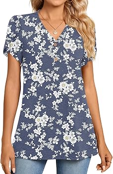 2025 Women's Summer Henley V-Neck Button Up Tunic Top Petal Sleeve Comfy Blouse Casual T-Shirt Sizes M-3XL